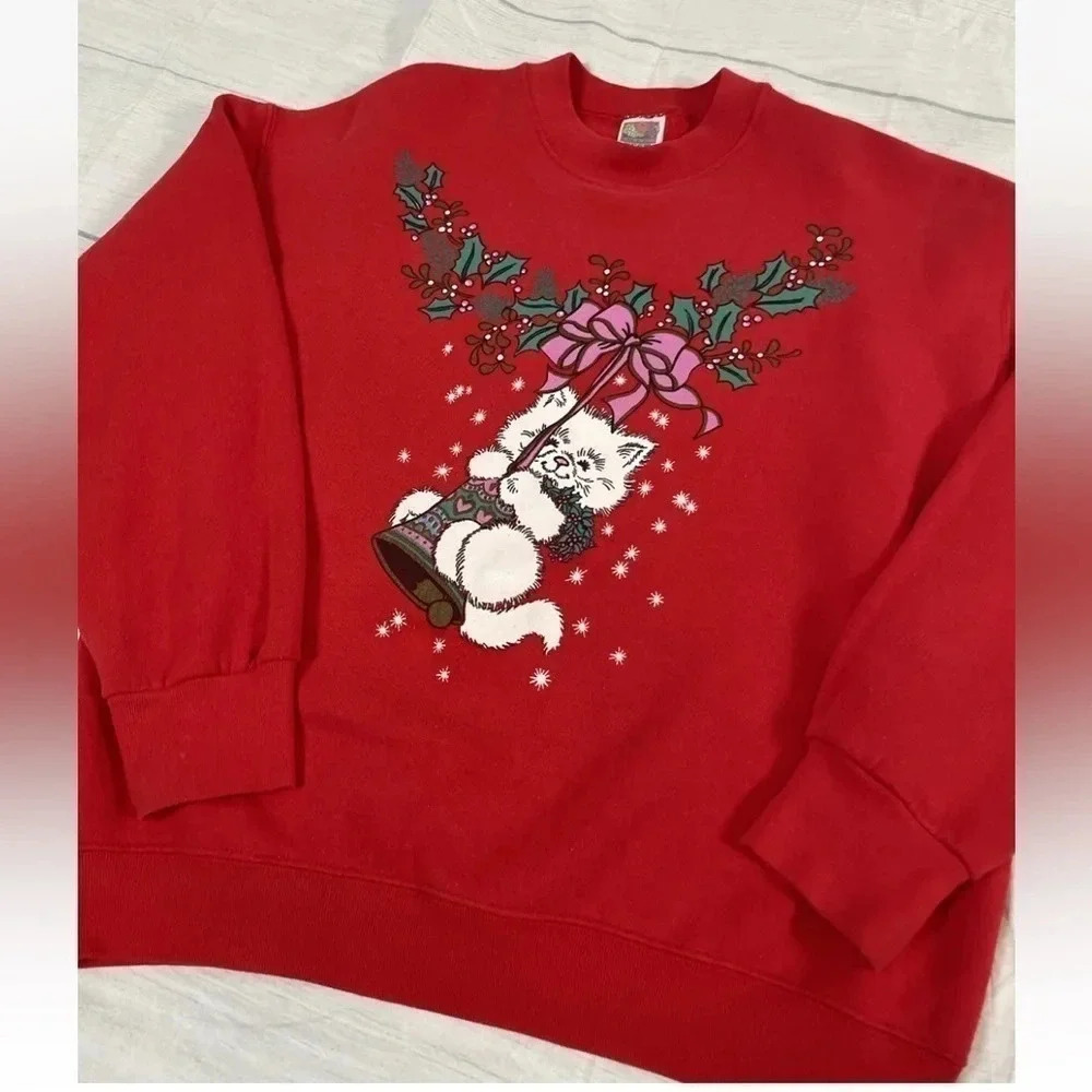 Vintage Fruit Of‎ The Loom Best Ugly Christmas Sweatshirt  Red Cat Belle size L - Picture 10 of 13